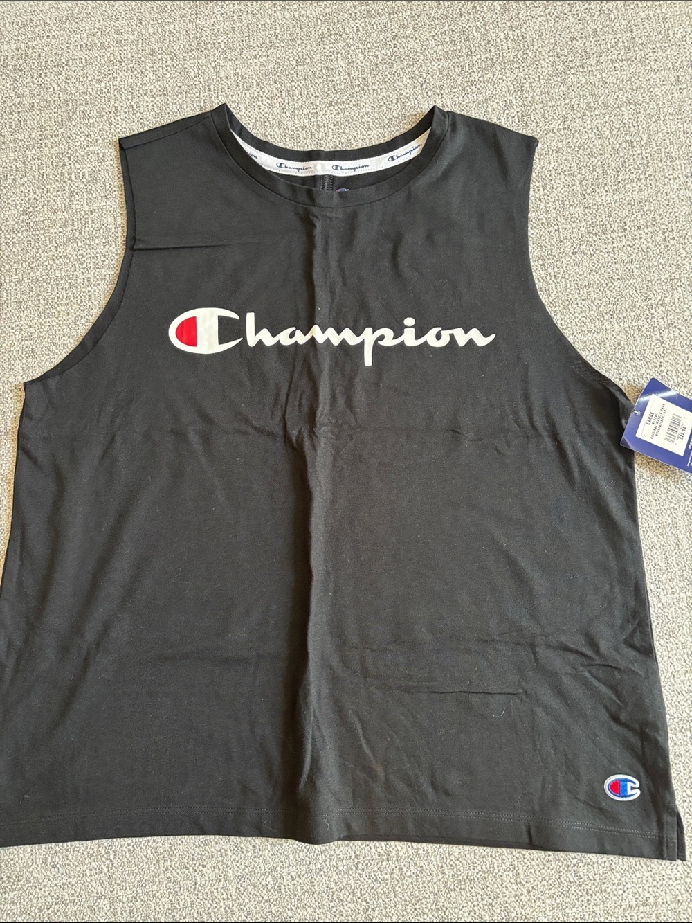 Champion Black Tank Top with White Logo and Red Accent